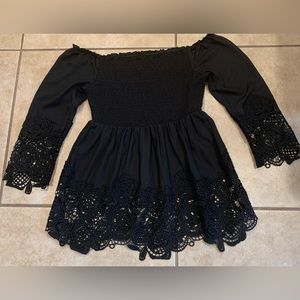 VENUS Black Off the Shoulder Peplum Top with Lace Detail. Size: 2